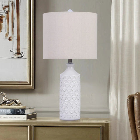 White Ceramic Table Lamps Set Of 2 For Living Room And Bedroom, displayed on a wooden table, featuring a wave relief base