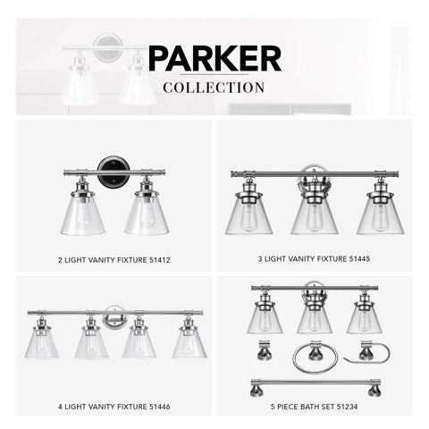 Parker collection showcasing 2 to 5 light fixtures including dope vintage modern chrome vanity light fixture with four lights and glass shades fully dimmable bulbs not included wide 33.69 inch mount perfect for bathroom bedroom or kitchen decor.