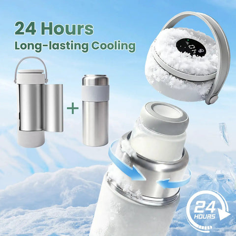 Portable Breast Milk Chiller With Digital Temp Display 22 Oz On The Fly Cooler showing bottles with snow and digital display for 24 hour cooling.