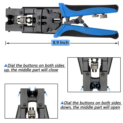 Coax Cable Crimping Kit Adjustable Tool Set For RG59 RG6 F BNC RCA With 20 F Compression Connectors shown with tool features