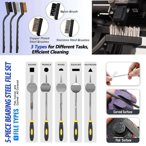 Steel brushes and files from All In One 82 Piece 3D Printer Tool Kit In Durable Case With PTFE Cutter Deburring Tools for FDM printers