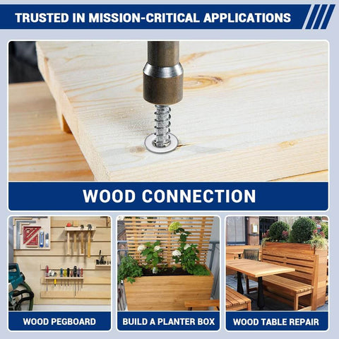 Half Inch By Two And Half Inch Hex Head Lag Screws With Flat Washers Eight Sets In 304 Stainless Steel 18 8 Partial Thread Heavy Duty Wood Deck Screws For Outdoor Projects Fencing And Treated Timber being used for wood connection and repairs.