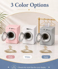 Insanely Detailed One To Twelve Scale Miniature Washing Machine With Five Metal Hangers And Rotating Drum Front Load Washer Replica in pink, white, gray.
