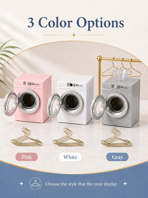Insanely Detailed One To Twelve Scale Miniature Washing Machine With Five Metal Hangers And Rotating Drum Front Load Washer Replica in pink, white, gray.
