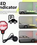 Adjustable LED Garage Parking Sensor With Dual Power Hookups And Glowing Color Coded Warning Lights Portable Car Stop Aid showing LED indicator light colors for parking.