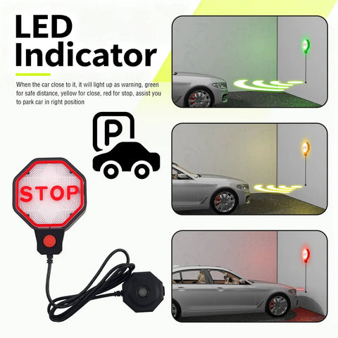 Adjustable LED Garage Parking Sensor With Dual Power Hookups And Glowing Color Coded Warning Lights Portable Car Stop Aid showing LED indicator light colors for parking.