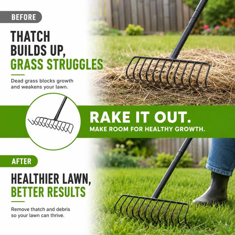Heavy Duty Brush Rake With A 15.6 Inch Wide Head And 11 Steel L Shaped Tines, Adjustable 36 To 66 Inch Handle in action