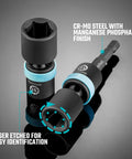 Quarter Inch Drive Impact Universal Joint Socket Set, 14 Piece Metric 5 to 15mm Swivel Sockets With 2 Inch Extension Bars, CrMo Steel Built Tough, EVA Foam Organizer For Easy Tool Storage showing Cr-Mo steel and laser etching.