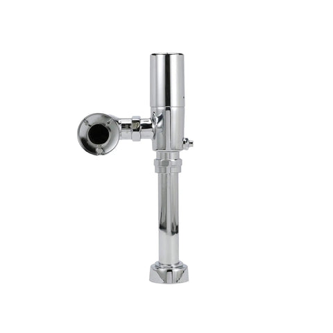 Rock Solid Automatic Exposed Sensor Piston Flush Valve For Water Closet With 1.6 GPF In Sleek Chrome Finish, detailed side view showing chrome finish and sensor.