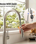 JOMOO Brushed Nickel Kitchen Faucet with Pull Down Sprayer, 2-Mode showing smooth pull-down action and high-arc design.