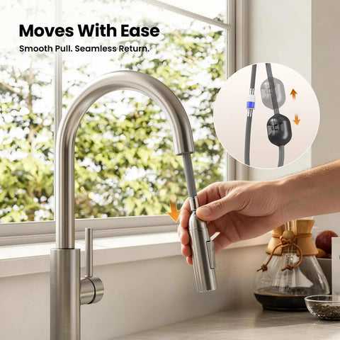 JOMOO Brushed Nickel Kitchen Faucet with Pull Down Sprayer, 2-Mode showing smooth pull-down action and high-arc design.