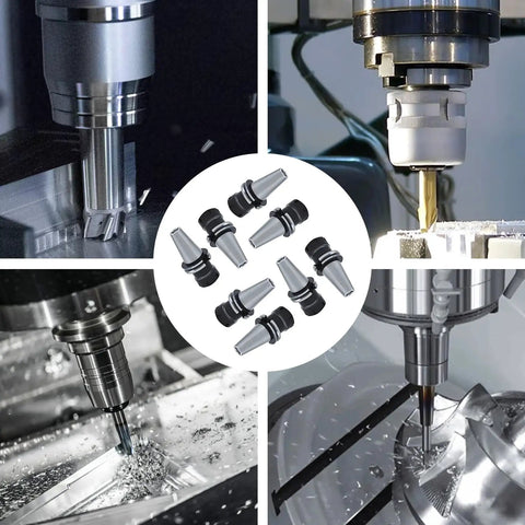 Four CNC machines using CAT40 ER32 Collet Chuck 2.76 Inch Gage Length 8 Piece Tool Holder Set for precise milling and engraving.