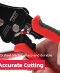 Close-up of All In One 3 In 1 Adjustable Wire Stripper Tool with SK5 blade cutting red cable, showing sharpness and precision.