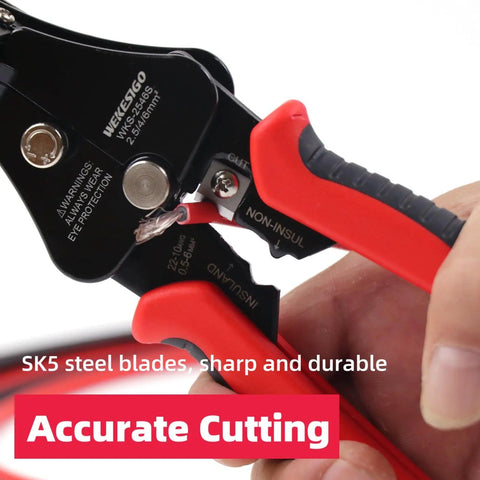 Close-up of All In One 3 In 1 Adjustable Wire Stripper Tool with SK5 blade cutting red cable, showing sharpness and precision.
