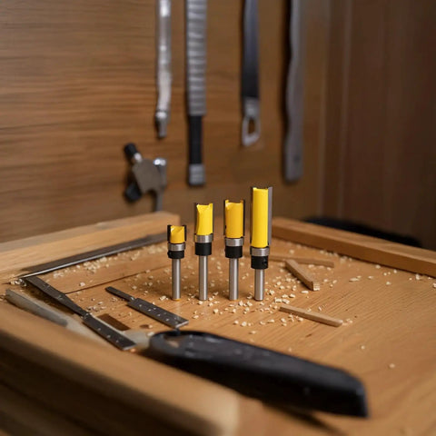 Top Tier 4 Pc Flush Trim Router Bit Set With 1/4 Inch Shank And Bearing Carbide Blades For Wood Edge Forming Trimming Grooving Pattern Work A Total Game Changer For Any Serious Woodworking Pro Looking To Nail Every Cut Clean on a wooden workbench.