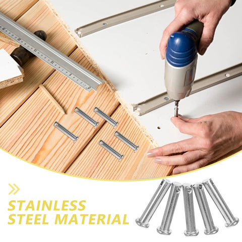 Super Tough 5 Pack Stainless Steel Insert Pins With Flat Heads And Holes For Scaffolding used with drill on wooden surface.