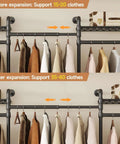 Wall Mounted Garment Rack With Four Expandable Rods And Eight Adjustable Shelves, before and after expansion, black metal
