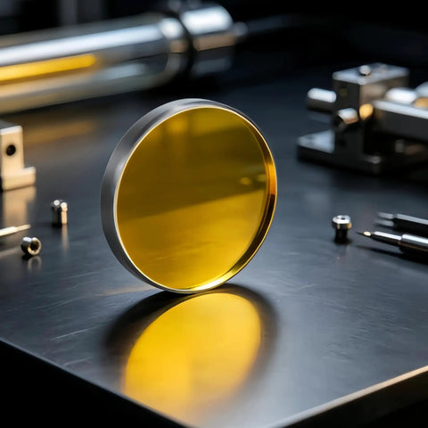 Five Layer Gold CO2 Laser Mirrors With Rock Solid Silicon Base High Reflectivity And Peelproof Electroplating For Desktop And Industrial Engravers Heavy Duty Zero Hassle Top Shelf Quality round mirror on a workbench.