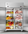 Top Shelf Commercial Refrigerator And Freezer Combo 48 Inch Wide 32 Cubic Feet stainless steel unit filled with fruits and meats.