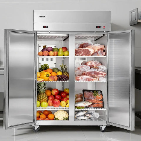 Top Shelf Commercial Refrigerator And Freezer Combo 48 Inch Wide 32 Cubic Feet stainless steel unit filled with fruits and meats.