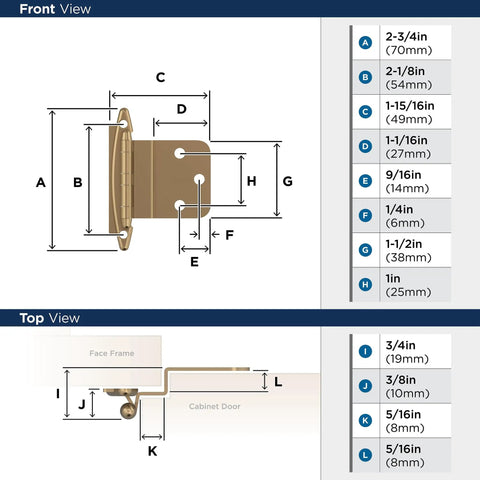Heavy Duty Steel Cabinet Hinges One Pair 3 8 Inch Knockout Inset Fit For Face Frame Doors Custom Champagne Bronze Finish dimensions diagram