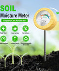 All In One Soil Moisture Meter Kit With Handy Plant Care Guide And 100 pH Test Strips Sample Tube No Battery Needed For Garden Lawn Farm And Indoor Plants Hygrometer Sensor Tool For Easy Moisture And pH Testing with metal probe and 90-degree rotating dial.
