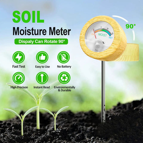 All In One Soil Moisture Meter Kit With Handy Plant Care Guide And 100 pH Test Strips Sample Tube No Battery Needed For Garden Lawn Farm And Indoor Plants Hygrometer Sensor Tool For Easy Moisture And pH Testing with metal probe and 90-degree rotating dial.