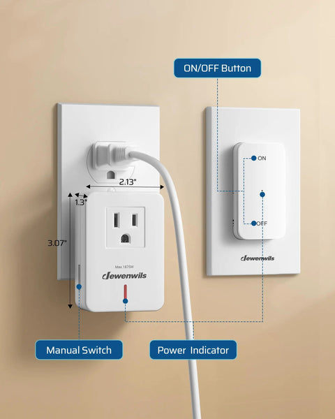 Remote Control Outlet With Magnetic Base 100 Ft RF Wireless Switch 15A 1875W shown plugged in wall socket with dimensions
