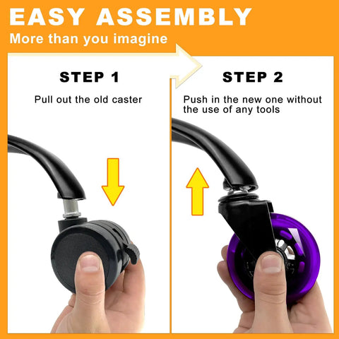 Illustration of installing Office Chair Wheels Replacement Set Of 5 3 Inch Rubber Casters With Soft Non Marking Polyurethane on chair.
