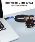 5MP USB Camera Module With 2.1mm Wide Angle Lens For Windows Linux Mac Android UVC No Driver Needed Plug And Play High Resolution 2592x1944 CMOS OV5640 Sensor Machine Vision Webcam Board shown plugged into a laptop.