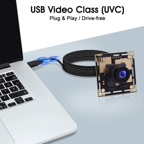 5MP USB Camera Module With 2.1mm Wide Angle Lens For Windows Linux Mac Android UVC No Driver Needed Plug And Play High Resolution 2592x1944 CMOS OV5640 Sensor Machine Vision Webcam Board shown plugged into a laptop.