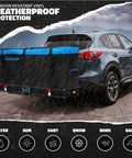Car with Big 25 Cu Ft Weatherproof Trailer Hitch Cargo Carrier Bag Set, heavy-duty vinyl, on a road under rain