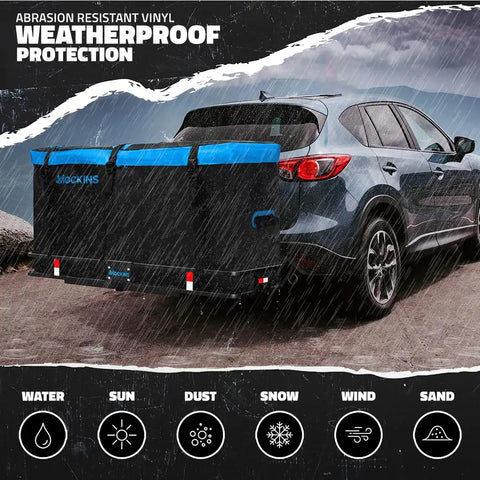 Car with Big 25 Cu Ft Weatherproof Trailer Hitch Cargo Carrier Bag Set, heavy-duty vinyl, on a road under rain