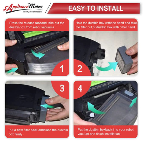 Step-by-step guide for installing Must Have 12 Pack Roomba HEPA Filters Replacement For E I J Series With Brush in a vacuum.