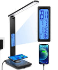 All In One LED Desk Lamp With Wireless Charger For Home Or Office Dimmable Reading Light USB Port Built In Clock Calendar