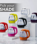 1.5 Liter Glass Electric Kettle With Blue Led Glow Rapid Boil Auto Shutoff displayed in various colors on a countertop.