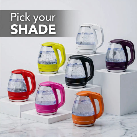 1.5 Liter Glass Electric Kettle With Blue Led Glow Rapid Boil Auto Shutoff displayed in various colors on a countertop.