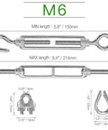 Heavy Duty Cable Railing Kit With 4 M6 Hook And Eye Turnbuckles showing dimensions and M3 stainless steel thimbles