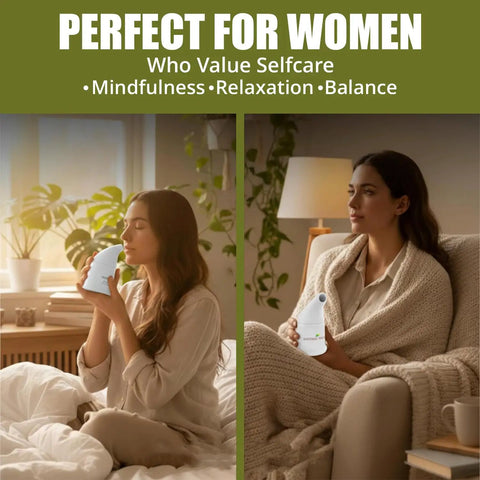 Woman using Pink Ceramic Himalayan Salt Inhaler for Respiratory Relief and Breathing Support in cozy home setting.