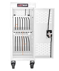 Top Tier Mobile Charging Station Holding Sixteen Devices features sturdy steel body, secure lock, and power strips for classrooms.