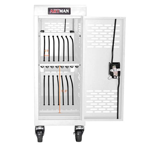 Top Tier Mobile Charging Station Holding Sixteen Devices features sturdy steel body, secure lock, and power strips for classrooms.