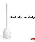 Concealed Toilet Plunger With Auto Open Canister Ventilated Drip Tray For Quick Drying Flat Top Handle For Secure Grip