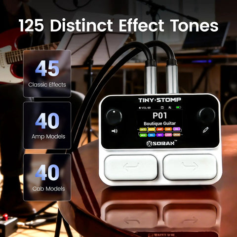 Display of Tiny Stomp Multi Effects Guitar Pedal With 125 Effects 99 Presets 10 Modules 40 Second Looper on a wooden table