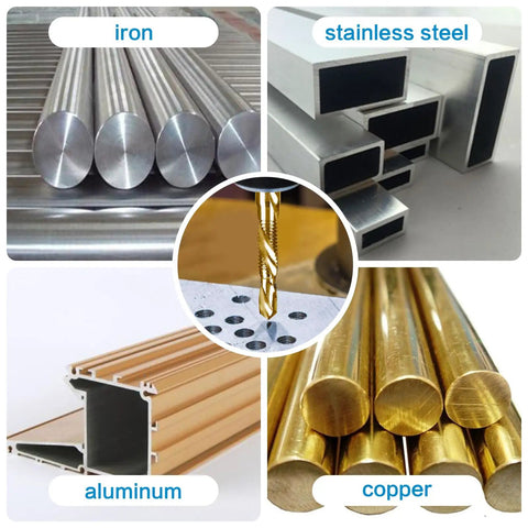 Drill tap bit in action on metal with examples of iron, stainless steel, aluminum, and copper materials in the background.
