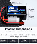 Go-To 3S LiPo Battery 850mAh 11.1V 50C with JST plug dimensions and features displayed