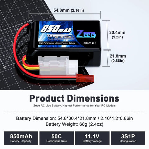 Go-To 3S LiPo Battery 850mAh 11.1V 50C with JST plug dimensions and features displayed