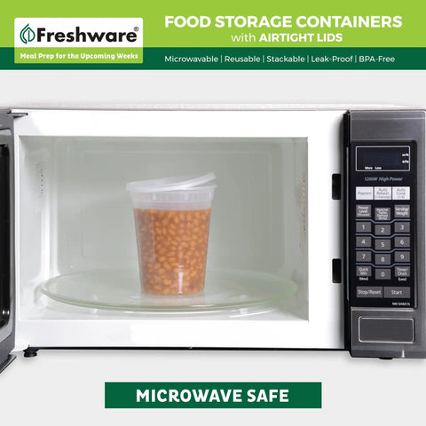 Microwave-safe 32 oz deli food storage container in microwave, part of 24 Piece 32 Oz Deli Food Storage Containers Set With Airtight Lids Leakproof Stackable BPA Free Meal Prep Containers For Microwave Freezer And Dishwasher Safe Ideal For Grab And Go Lunches Salads Leftovers.