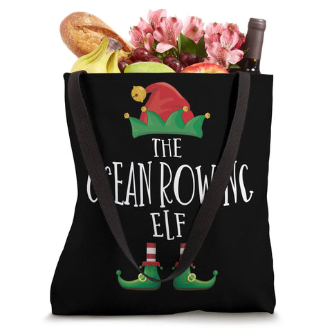 Elf Rowing Shirt Family Matching Pajama Set For Christmas Funny Holiday PJ Outfit With Tote Bag displaying elf-themed design.