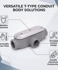 Built To Last 4 Pack 3/4 Inch T Type Conduit Body Electrical Junction Box featuring durable aluminum construction and removable cover plate.