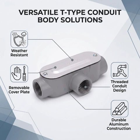 Built To Last 4 Pack 3/4 Inch T Type Conduit Body Electrical Junction Box featuring durable aluminum construction and removable cover plate.
